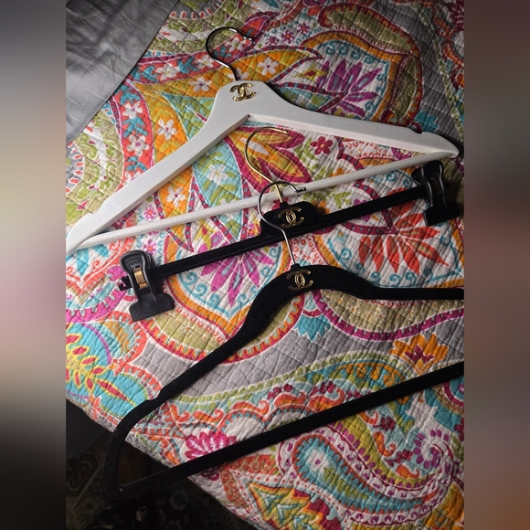 CHANEL Accessories - 3pc CHANEL Black and White Hanger Trio with Gold Logo Accents